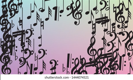 Disco Background. Black Musical Notes Symbol Falling on Hologram Background. Many Random Falling Notes, Bass and, G Clef. Disco Vector Template with Musical Symbols.