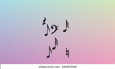 Disco Background. Black Musical Notes Symbol Falling on Hologram Background. Many Random Falling Notes, Bass and, G Clef. Disco Vector Template with Musical Symbols.