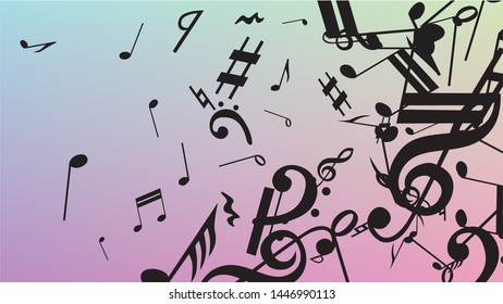 Disco Background. Black Musical Notes Symbol Falling on Hologram Background. Many Random Falling Notes, Bass and, Treble Clef. Disco Vector Template with Musical Symbols.
