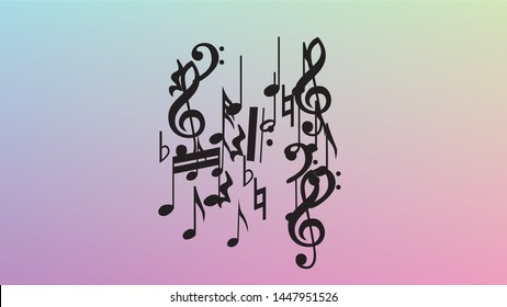 Disco Background. Black Musical Notes Symbol Falling on Hologram Background. Many Random Falling Notes, Bass and, Treble Clef. Disco Vector Template with Musical Symbols.