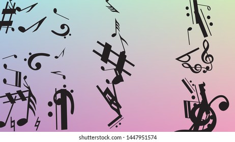 Disco Background. Black Musical Notes Symbol Falling on Hologram Background. Many Random Falling Notes, Bass and, G Clef. Disco Vector Template with Musical Symbols.