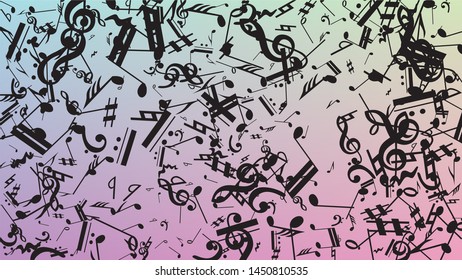 Disco Background. Black Musical Notes Symbol Falling on Hologram Background. Many Random Falling Notes, Bass and, G Clef. Disco Vector Template with Musical Symbols.