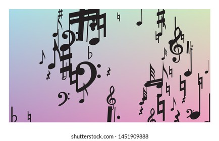 Disco Background. Black Musical Notes Symbol Falling on Hologram Background. Many Random Falling Notes, Bass and, Treble Clef. Disco Vector Template with Musical Symbols.