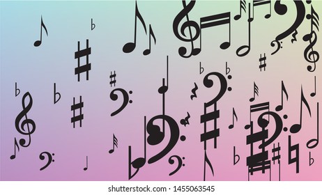 Disco Background. Black Musical Notes Symbol Falling on Hologram Background. Many Random Falling Notes, Bass and, Treble Clef. Disco Vector Template with Musical Symbols.