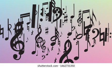 Disco Background. Black Musical Notes Symbol Falling on Hologram Background. Many Random Falling Notes, Bass and, G Clef. Disco Vector Template with Musical Symbols.