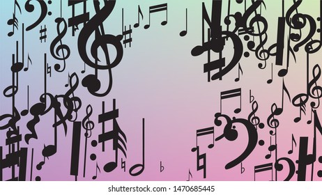 Disco Background. Black Musical Notes Symbol Falling on Hologram Background. Many Random Falling Notes, Bass and, Treble Clef. Disco Vector Template with Musical Symbols.