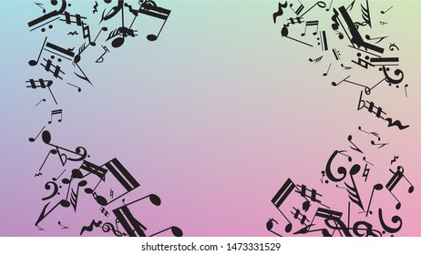 Disco Background. Black Musical Notes Symbol Falling on Hologram Background. Many Random Falling Notes, Bass and, Treble Clef. Disco Vector Template with Musical Symbols.