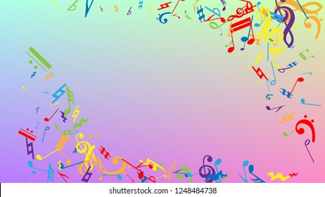 Disco Background. Colorful Musical Notes Symbol Falling on Hologram Background. Many Random Falling Notes, Bass and, G Clef. Disco Vector Template with Musical Symbols.