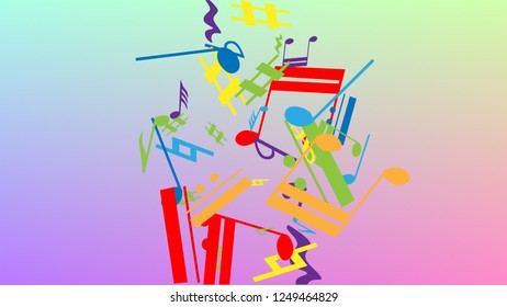 Disco Background. Colorful Musical Notes Symbol Falling on Hologram Background. Many Random Falling Notes, Bass and, G Clef. Disco Vector Template with Musical Symbols.
