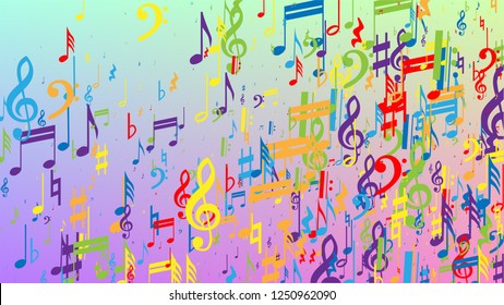 Disco Background. Colorful Musical Notes Symbol Falling on Hologram Background. Many Random Falling Notes, Bass and, Treble Clef. Disco Vector Template with Musical Symbols.