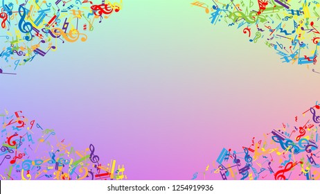 Disco Background. Colorful Musical Notes Symbol Falling on Hologram Background. Many Random Falling Notes, Bass and, Treble Clef. Disco Vector Template with Musical Symbols.
