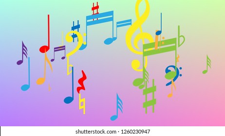 Disco Background. Colorful Musical Notes Symbol Falling on Hologram Background. Many Random Falling Notes, Bass and, G Clef. Disco Vector Template with Musical Symbols.