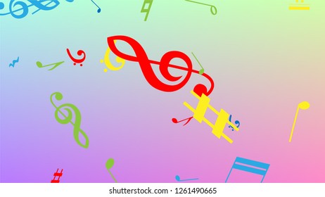Disco Background. Colorful Musical Notes Symbol Falling on Hologram Background. Many Random Falling Notes, Bass and, Treble Clef. Disco Vector Template with Musical Symbols.