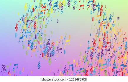 Disco Background. Colorful Musical Notes Symbol Falling on Hologram Background. Many Random Falling Notes, Bass and, G Clef. Disco Vector Template with Musical Symbols.