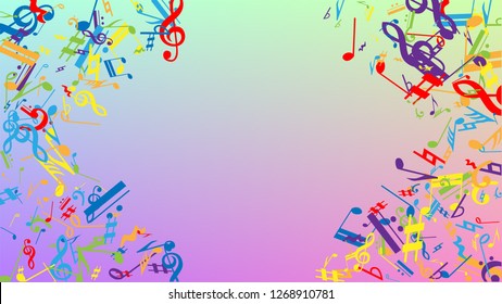 Disco Background. Colorful Musical Notes Symbol Falling on Hologram Background. Many Random Falling Notes, Bass and, G Clef. Disco Vector Template with Musical Symbols.