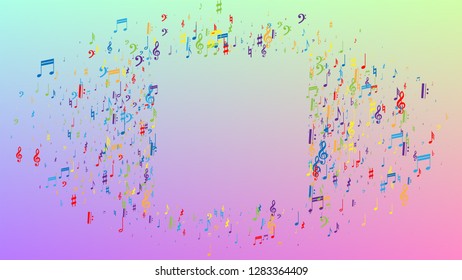 Disco Background. Colorful Musical Notes Symbol Falling on Hologram Background. Many Random Falling Notes, Bass and, G Clef. Disco Vector Template with Musical Symbols.