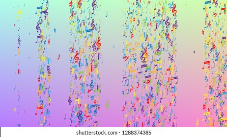Disco Background. Colorful Musical Notes Symbol Falling on Hologram Background. Many Random Falling Notes, Bass and, Treble Clef. Disco Vector Template with Musical Symbols.