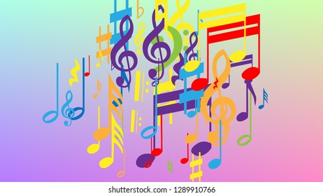 Disco Background. Colorful Musical Notes Symbol Falling on Hologram Background. Many Random Falling Notes, Bass and, G Clef. Disco Vector Template with Musical Symbols.