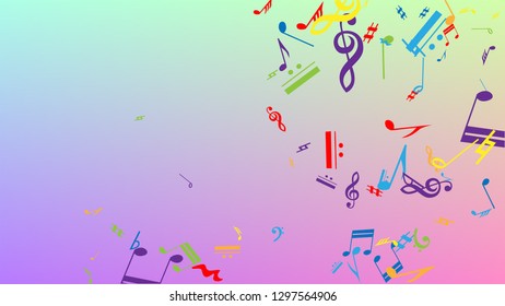 Disco Background. Colorful Musical Notes Symbol Falling on Hologram Background. Many Random Falling Notes, Bass and, Treble Clef. Disco Vector Template with Musical Symbols.