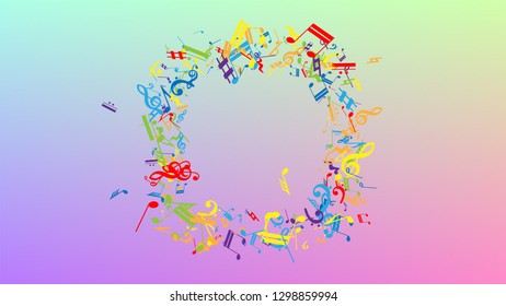 Disco Background. Colorful Musical Notes Symbol Falling on Hologram Background. Many Random Falling Notes, Bass and, G Clef. Disco Vector Template with Musical Symbols.