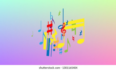 Disco Background. Colorful Musical Notes Symbol Falling on Hologram Background. Many Random Falling Notes, Bass and, Treble Clef. Disco Vector Template with Musical Symbols.