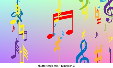 Disco Background. Colorful Musical Notes Symbol Falling on Hologram Background. Many Random Falling Notes, Bass and, G Clef. Disco Vector Template with Musical Symbols.