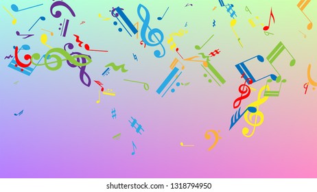 Disco Background. Colorful Musical Notes Symbol Falling on Hologram Background. Many Random Falling Notes, Bass and, Treble Clef. Disco Vector Template with Musical Symbols.