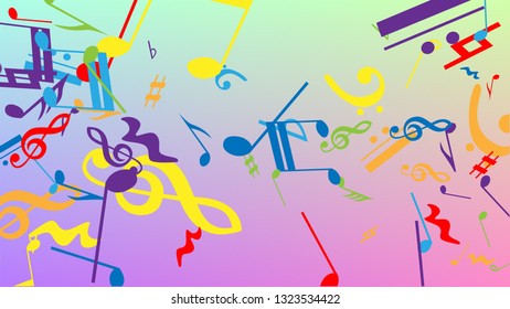 Disco Background. Colorful Musical Notes Symbol Falling on Hologram Background. Many Random Falling Notes, Bass and, Treble Clef. Disco Vector Template with Musical Symbols.