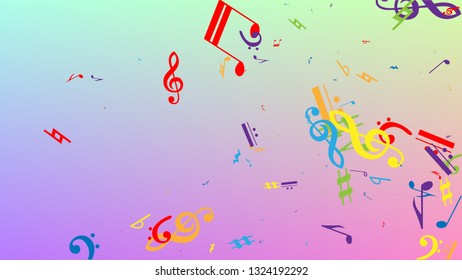 Disco Background. Colorful Musical Notes Symbol Falling on Hologram Background. Many Random Falling Notes, Bass and, Treble Clef. Disco Vector Template with Musical Symbols.