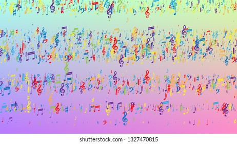 Disco Background. Colorful Musical Notes Symbol Falling on Hologram Background. Many Random Falling Notes, Bass and, G Clef. Disco Vector Template with Musical Symbols.