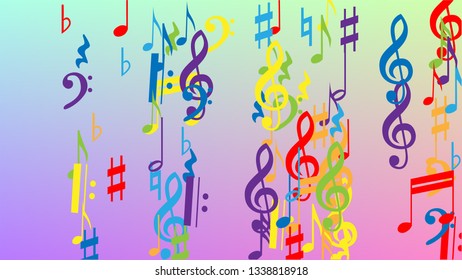 Disco Background. Colorful Musical Notes Symbol Falling on Hologram Background. Many Random Falling Notes, Bass and, Treble Clef. Disco Vector Template with Musical Symbols.