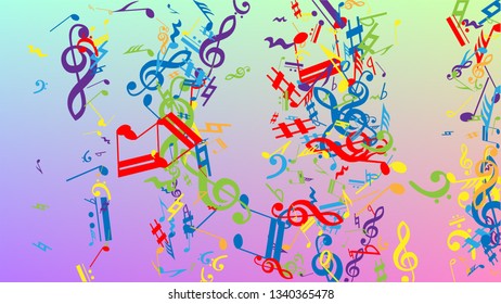 Disco Background. Colorful Musical Notes Symbol Falling on Hologram Background. Many Random Falling Notes, Bass and, G Clef. Disco Vector Template with Musical Symbols.