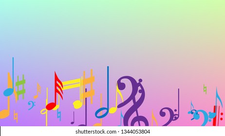 Disco Background. Colorful Musical Notes Symbol Falling on Hologram Background. Many Random Falling Notes, Bass and, Treble Clef. Disco Vector Template with Musical Symbols.