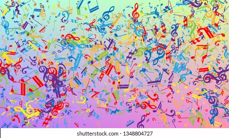 Disco Background. Colorful Musical Notes Symbol Falling on Hologram Background. Many Random Falling Notes, Bass and, G Clef. Disco Vector Template with Musical Symbols.