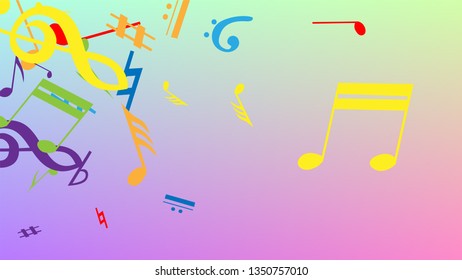 Disco Background. Colorful Musical Notes Symbol Falling on Hologram Background. Many Random Falling Notes, Bass and, G Clef. Disco Vector Template with Musical Symbols.