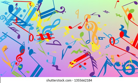 Disco Background. Colorful Musical Notes Symbol Falling on Hologram Background. Many Random Falling Notes, Bass and, G Clef. Disco Vector Template with Musical Symbols.