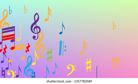 Disco Background. Colorful Musical Notes Symbol Falling on Hologram Background. Many Random Falling Notes, Bass and, Treble Clef. Disco Vector Template with Musical Symbols.