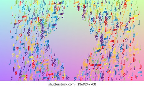 Disco Background. Colorful Musical Notes Symbol Falling on Hologram Background. Many Random Falling Notes, Bass and, Treble Clef. Disco Vector Template with Musical Symbols.