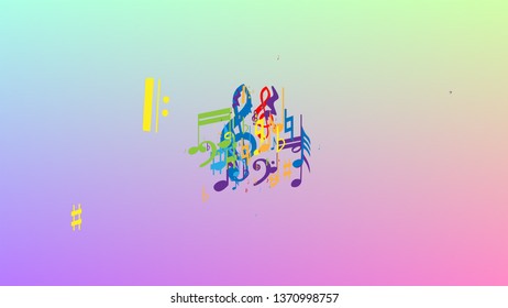 Disco Background. Colorful Musical Notes Symbol Falling on Hologram Background. Many Random Falling Notes, Bass and, G Clef. Disco Vector Template with Musical Symbols.