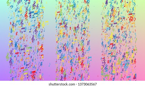 Disco Background. Colorful Musical Notes Symbol Falling on Hologram Background. Many Random Falling Notes, Bass and, G Clef. Disco Vector Template with Musical Symbols.