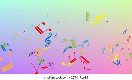 Disco Background. Colorful Musical Notes Symbol Falling on Hologram Background. Many Random Falling Notes, Bass and, Treble Clef. Disco Vector Template with Musical Symbols.
