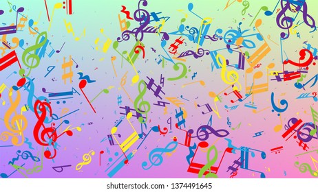 Disco Background. Colorful Musical Notes Symbol Falling on Hologram Background. Many Random Falling Notes, Bass and, G Clef. Disco Vector Template with Musical Symbols.