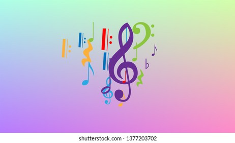 Disco Background. Colorful Musical Notes Symbol Falling on Hologram Background. Many Random Falling Notes, Bass and, Treble Clef. Disco Vector Template with Musical Symbols.