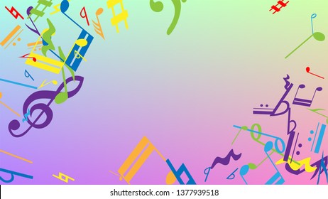 Disco Background. Colorful Musical Notes Symbol Falling on Hologram Background. Many Random Falling Notes, Bass and, Treble Clef. Disco Vector Template with Musical Symbols.