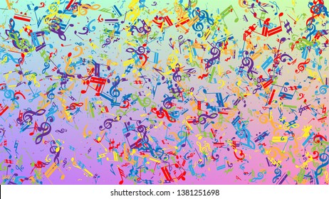 Disco Background. Colorful Musical Notes Symbol Falling on Hologram Background. Many Random Falling Notes, Bass and, G Clef. Disco Vector Template with Musical Symbols.