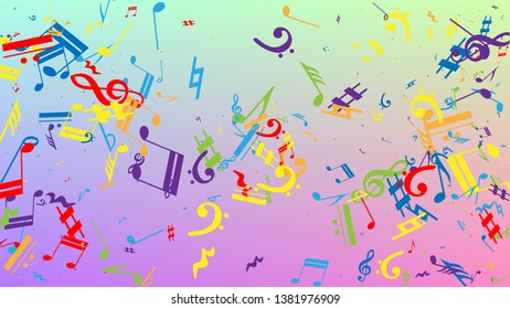 Disco Background. Colorful Musical Notes Symbol Falling on Hologram Background. Many Random Falling Notes, Bass and, G Clef. Disco Vector Template with Musical Symbols.