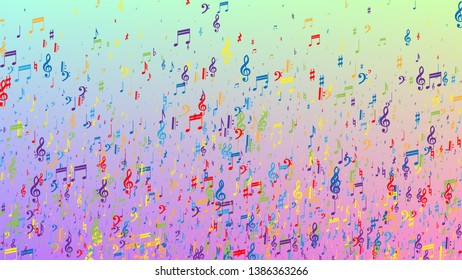 Disco Background. Colorful Musical Notes Symbol Falling on Hologram Background. Many Random Falling Notes, Bass and, G Clef. Disco Vector Template with Musical Symbols.