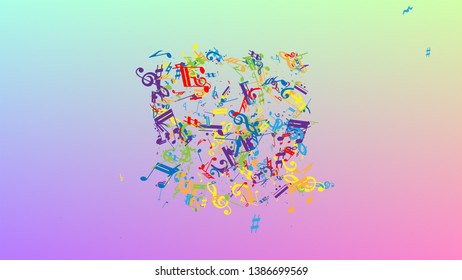 Disco Background. Colorful Musical Notes Symbol Falling on Hologram Background. Many Random Falling Notes, Bass and, Treble Clef. Disco Vector Template with Musical Symbols.