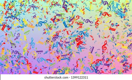 Disco Background. Colorful Musical Notes Symbol Falling on Hologram Background. Many Random Falling Notes, Bass and, G Clef. Disco Vector Template with Musical Symbols.