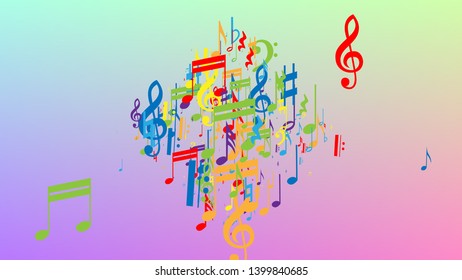 Disco Background. Colorful Musical Notes Symbol Falling on Hologram Background. Many Random Falling Notes, Bass and, Treble Clef. Disco Vector Template with Musical Symbols.